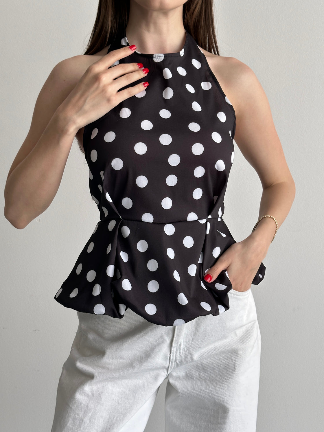 Puantiye Desenli Peplum Bluz
