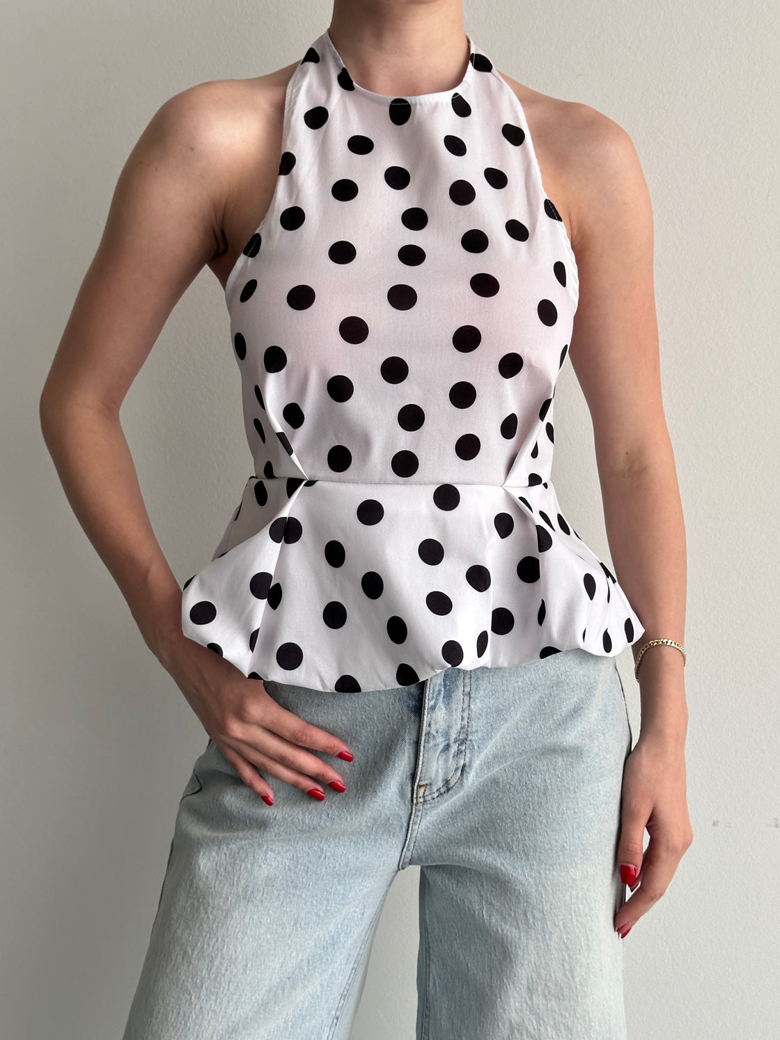 Puantiye Desenli Peplum Bluz