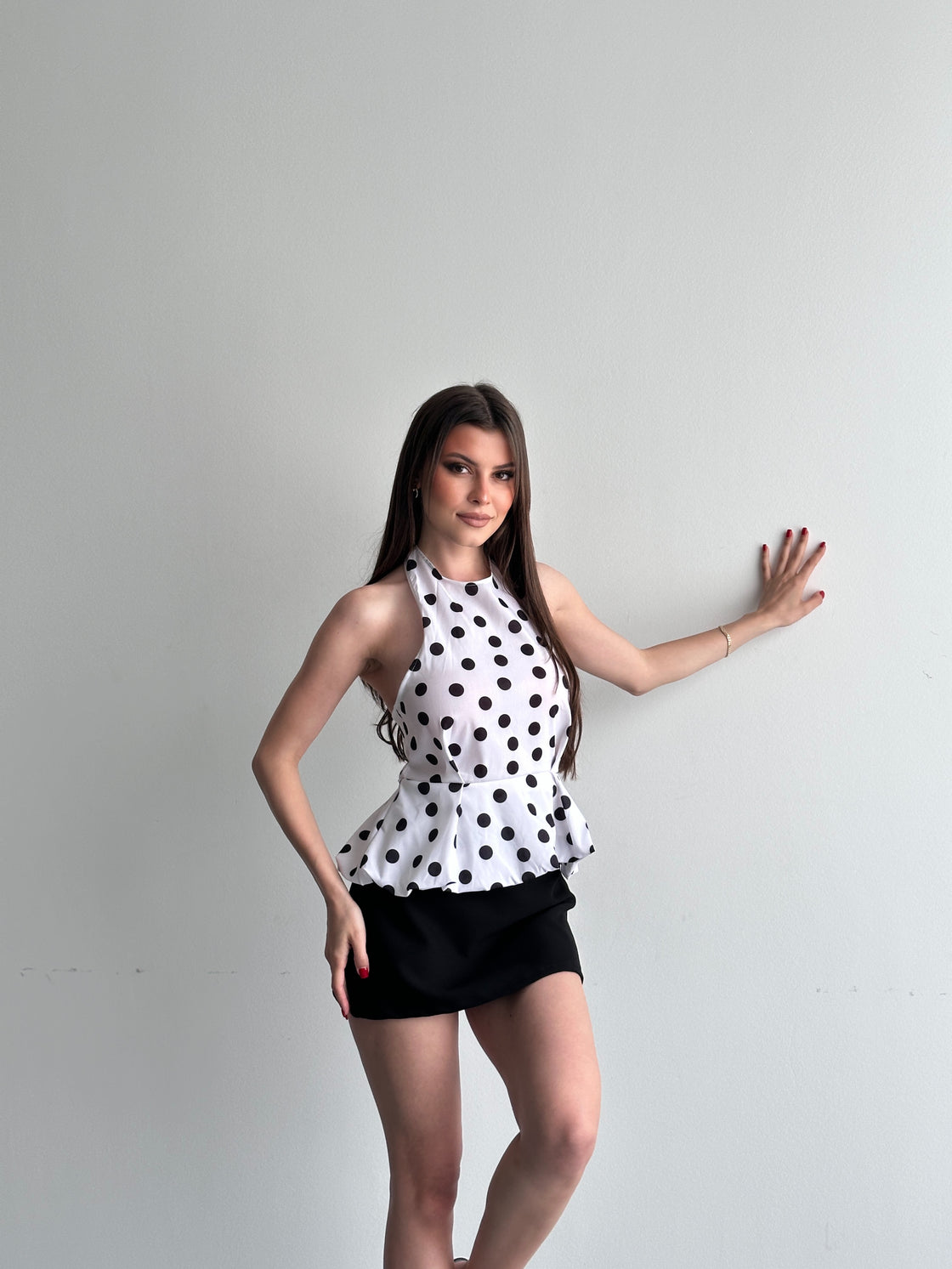 Puantiye Desenli Peplum Bluz